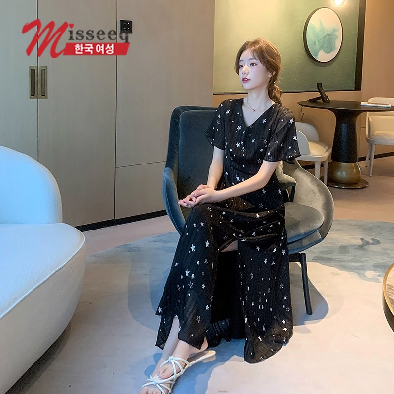 Đầm Chiffon Tay Loe Xẻ Tà Thời Trang Mùa Hè Hàn Quốc Cho Nữ