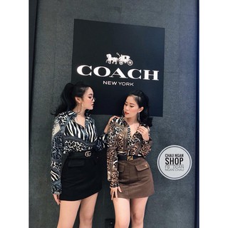 Set áo sơ mi báo chân váy da lộn