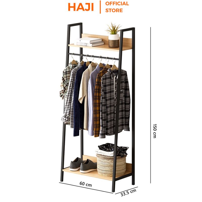 Giá treo quần áo kết hợp tầng lưu trữ tiện lợi, Cây treo áo quần HAJI khung sắt chắc chắn chống gỉ chịu lực tốt C13