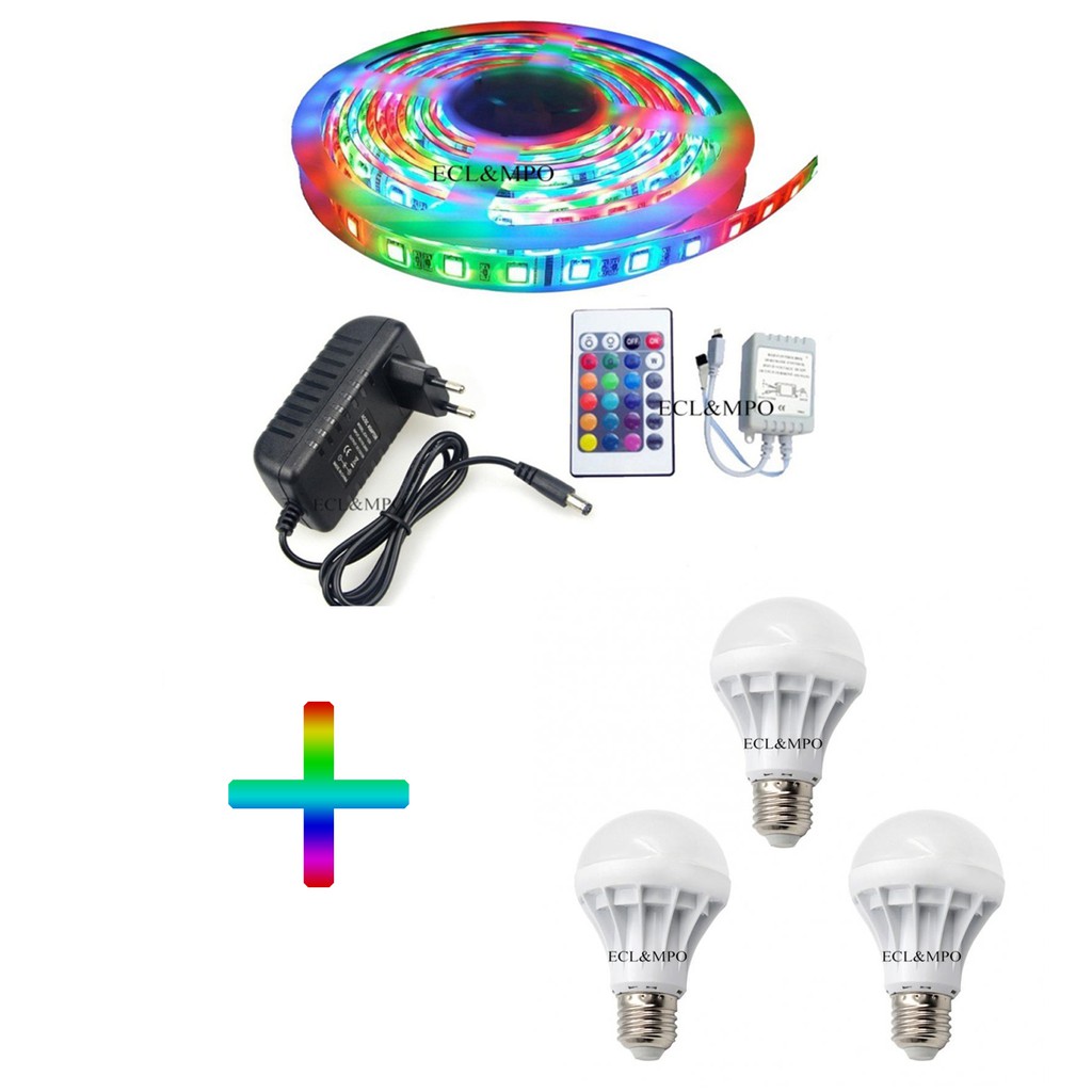 Cuộn đèn Led dây dán 5m đổi nhiều màu (RGB) có remote điều khiển+tặng 3 bóng đèn Led Bulb 9W ( Ánh Sáng Trắng).