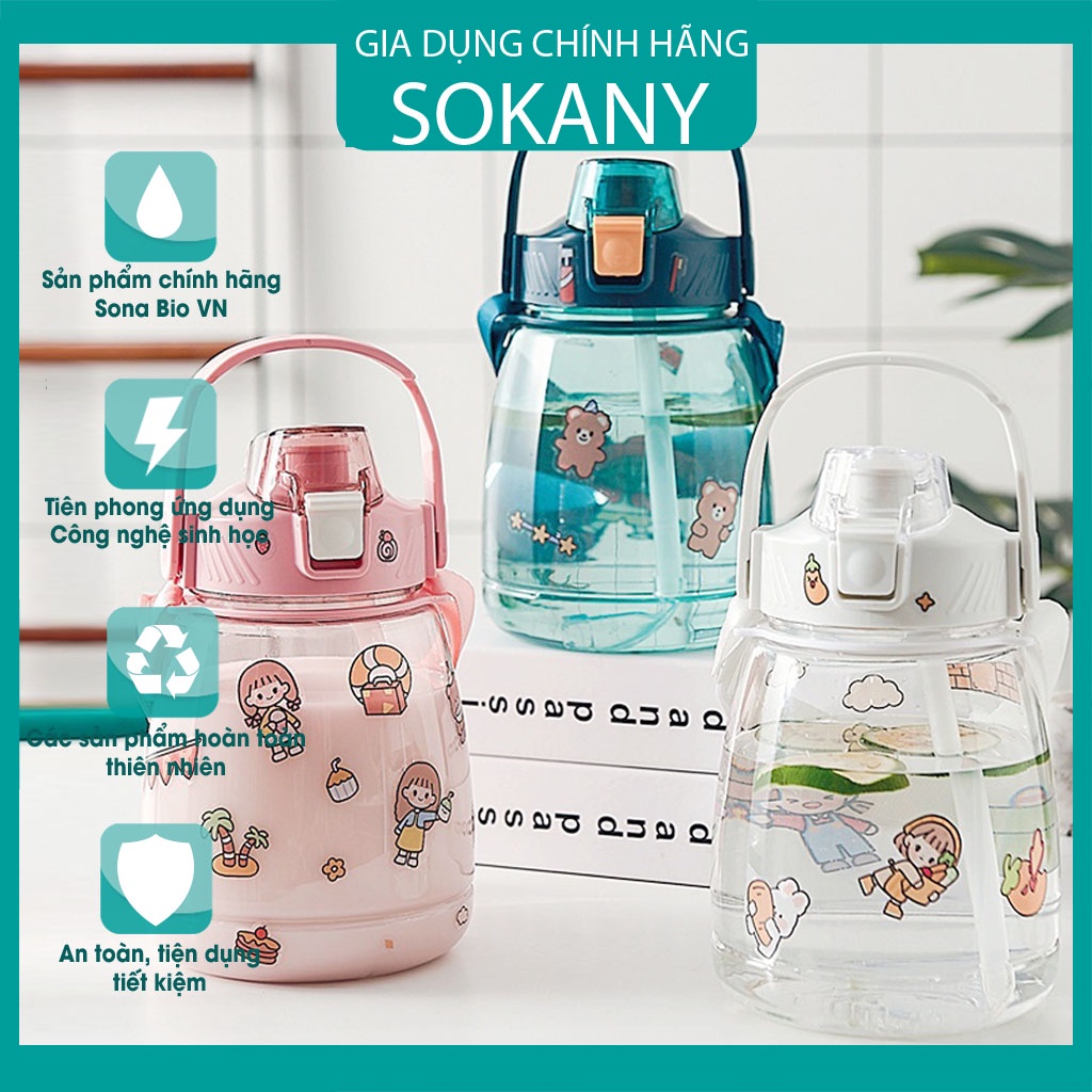 Bình đựng nước có ồng hút, Bình nước nhắc giờ siêu cute 1200ml Kèm Dây Đeo & Sticker Cực Tiện Lợi Xinh Xắn Dễ Thương