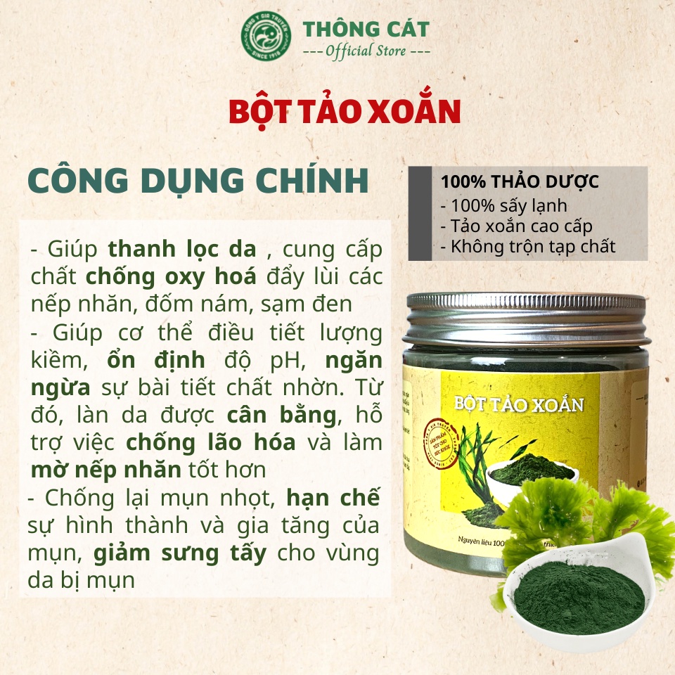 Bột Tảo Xoắn nguyên chất Spirulina Nhật bản 100gr THÔNG CÁT HCM - Tảo xoắn cao cấp chuyên vi kim spa