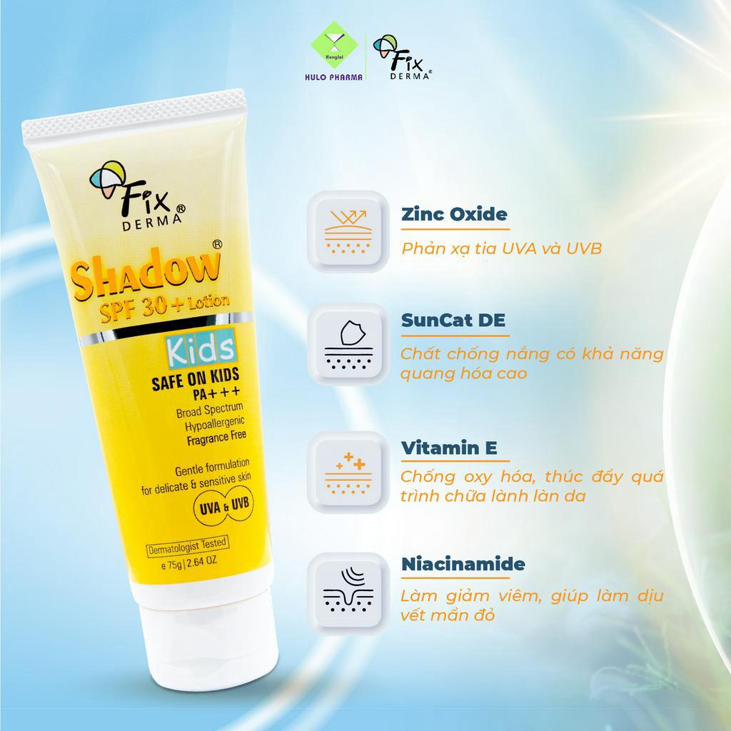 Kem Chống Nắng Cho Bé FIXDERMA Shadow SPF 30+ Lotion Kids Dịu Nhẹ An Toàn Phù Hợp Da Bé Và Da Nhạy Cảm 75g