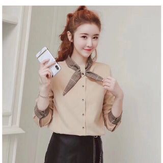 Áo sơ mi nữ da lộn phối nơ cổ HÌNH THẬT