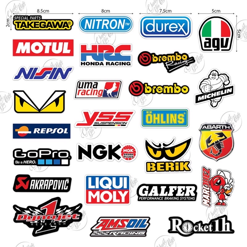Combo 30 sticker decal tem xe logo fendi/ohlins/durex/monster dán điện thoại laptop nón bảo hiểm xe máy M45