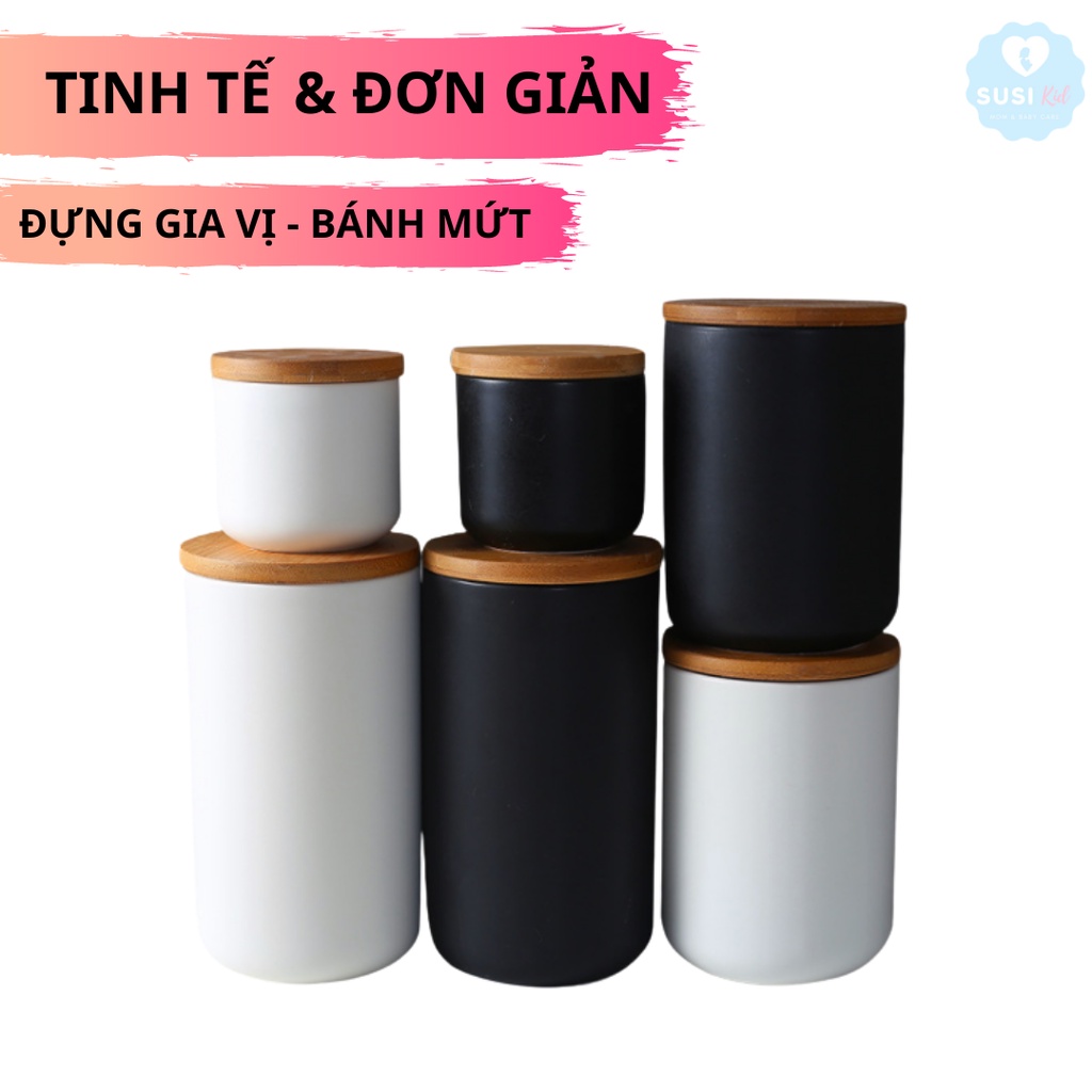 [XỊN SÒ] Lọ Đựng Gia Vị Cao Cấp, Hũ Đựng Gia Vị Bằng Gốm Sứ Thủ Công, Nắp Gỗ Hút Chân Không, Tối Giản &amp; Sang Trọng