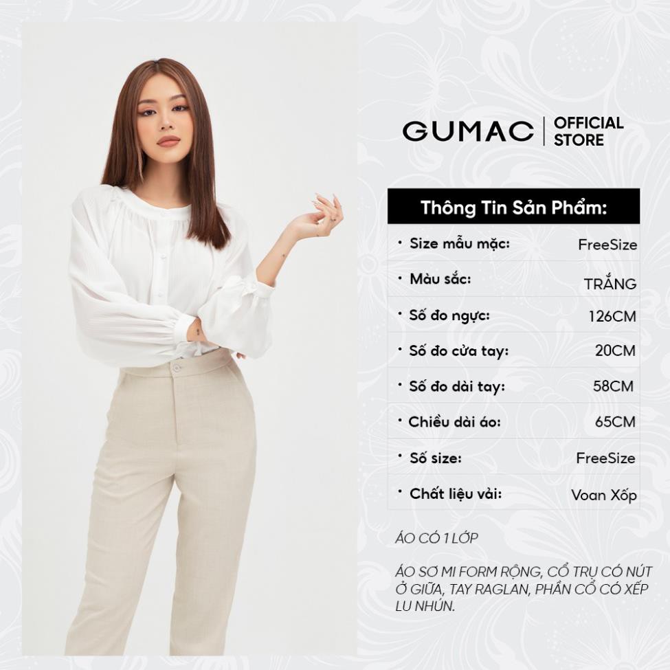 Áo sơ mi nữ cổ trụ GUMAC màu trắng trơn thanh lịch AB495 ྇