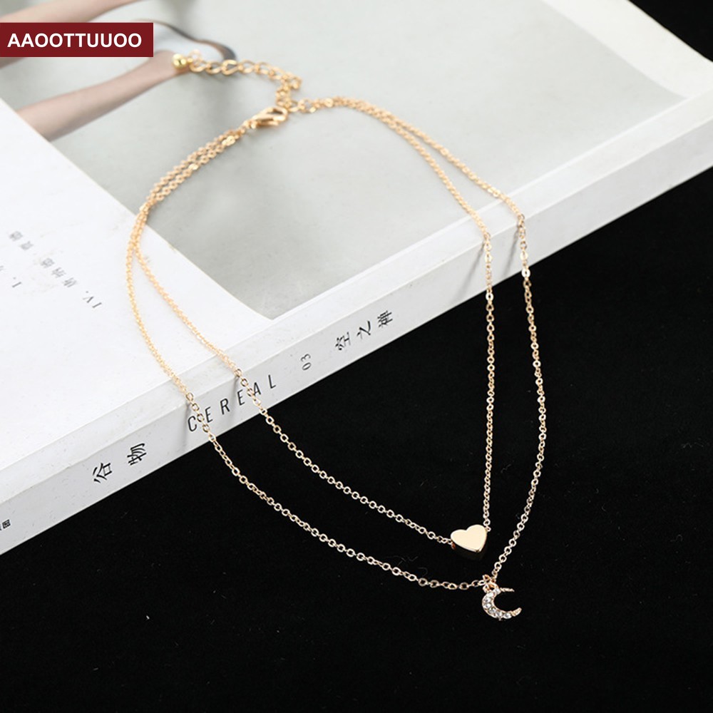 vòng cổ Hai Lớp Mặt Hình Mặt Trăng Đính Đá Pha Lê
