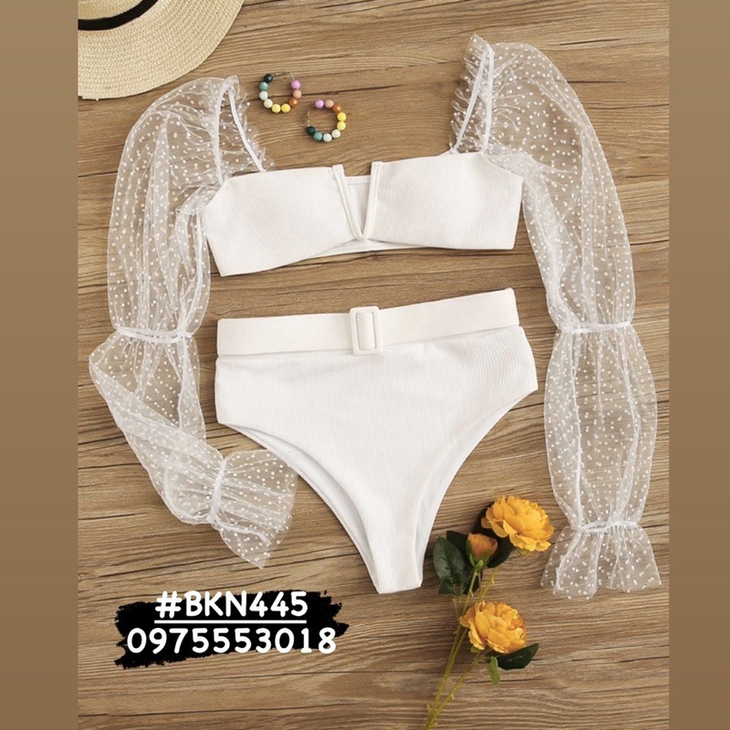 [BKN445] &lt;ÂU&gt; SET BIKINI TRẮNG TAY BỒNG VẢI GÂN KÈM BELT (CẠP CAO)