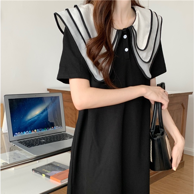 Đầm SUXI tay ngắn cổ búp bê dáng rộng thiết kế đơn giản thời trang mùa hè cho nữ