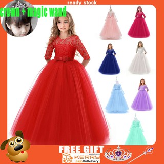 Lace Girl Lace Bow Kids Princess Wedding Birthday Long Tulle Princess Gown Dress