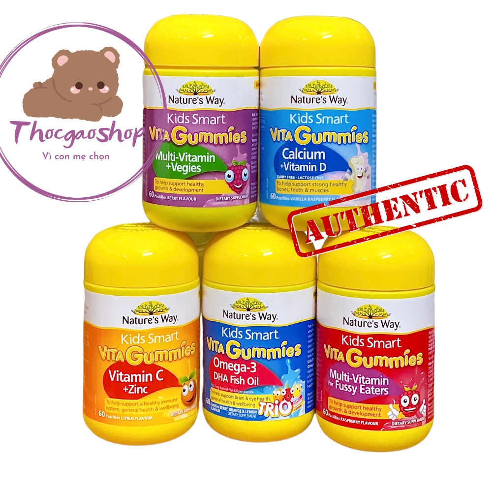 Kẹo gôm Kids smart vita gummies bổ sung multivitamin/canxi và vtm D/vtm C và zinC 60 viên Nature's way Úc