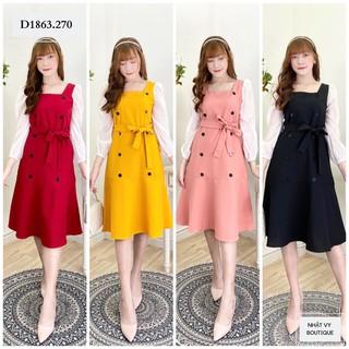 ĐẦM CỔ VUÔNG TAY DÀI CÚC ĐEN KÈM DÂY - D1863