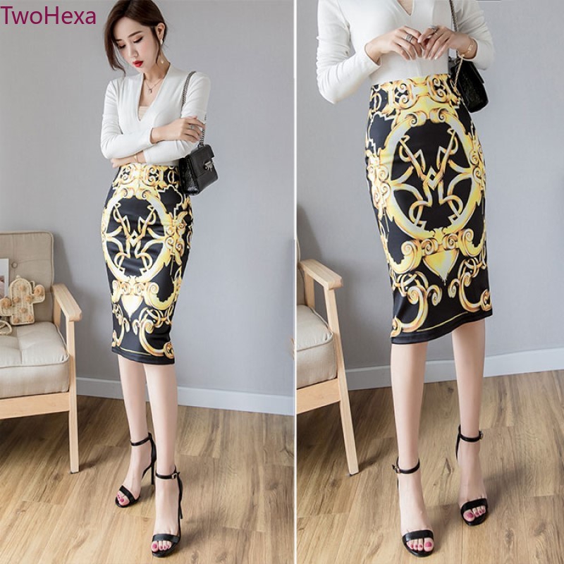 Chân váy bút chì lưng cao hoạ tiết in thiết kế ôm sát tôn dáng cho nữ