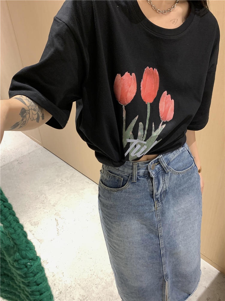Áo thun Peppermint 50157 cổ tròn in hình hoa tulip thời trang cho nữ