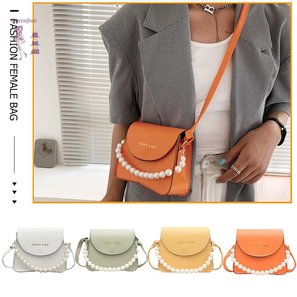 queen_Fashion Women PU Crossbody Bag Casual Ladies Pearl Chain Pure Color Handbag