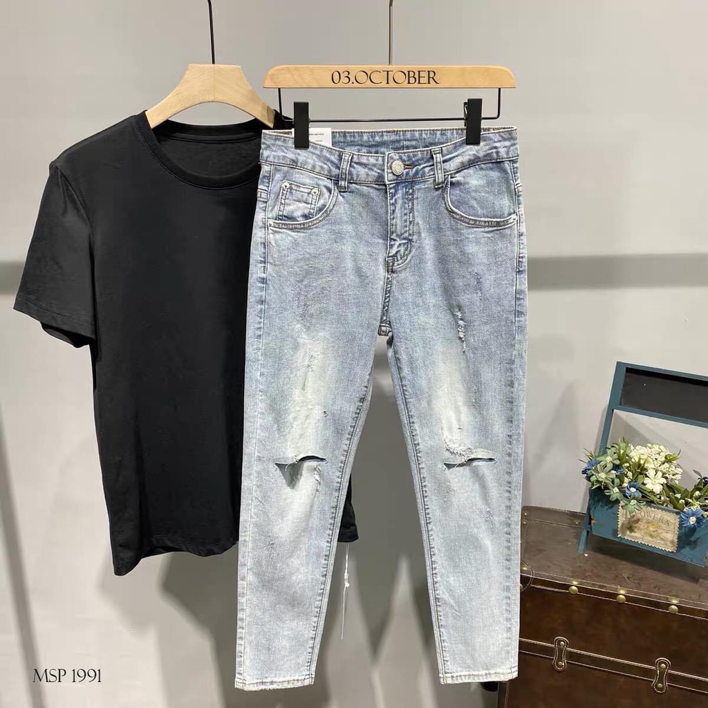 Quần Jeans Nam Xanh Trắng Rách Gối Chất Bò Co Dãn Hàn Quốc KJ1991 VIOLETSTORE