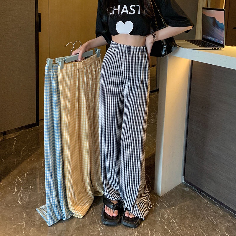 Printed plaid wide-leg trousers women's high-waisted drooping floor trousers all kinds of loose 2022 new leisure straight trousers in summer