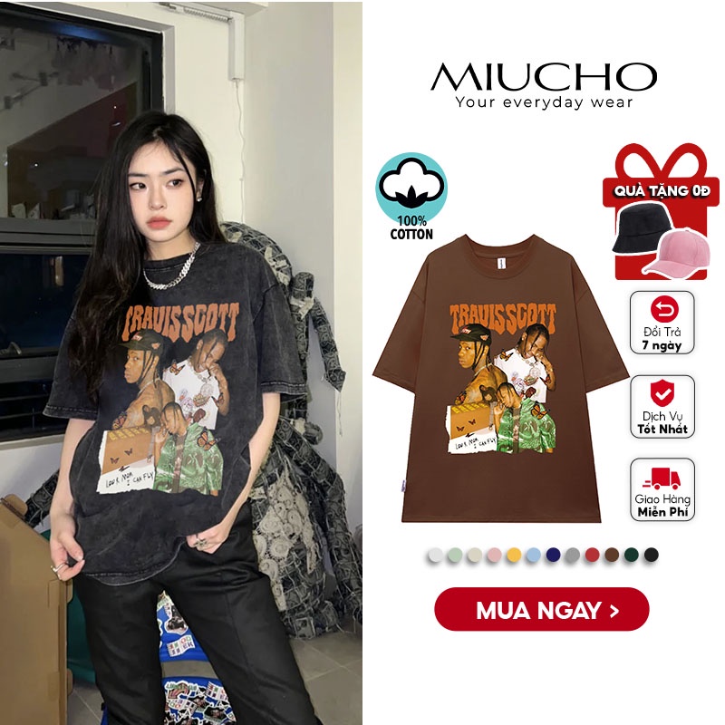 Áo phông travis scott form rộng tay lỡ unisex, áo thun travis scott form rộng tay lỡ unisex cotton AT144 Miucho in logo