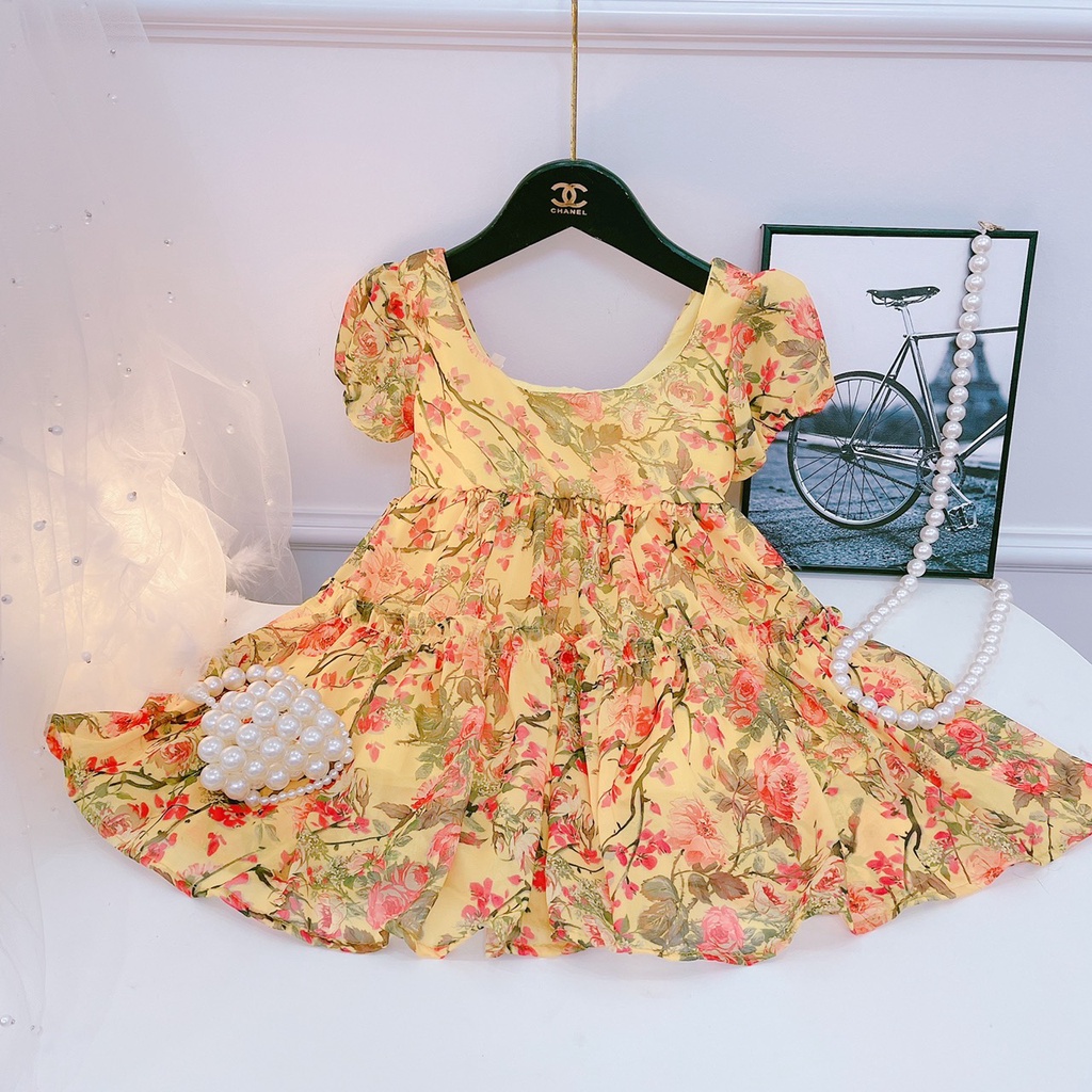 Váy công chúa cho bé, đầm voan bé gái họa tiết hoa tay phồng khóa kéo sau lưng (C2) | BigBuy360 - bigbuy360.vn
