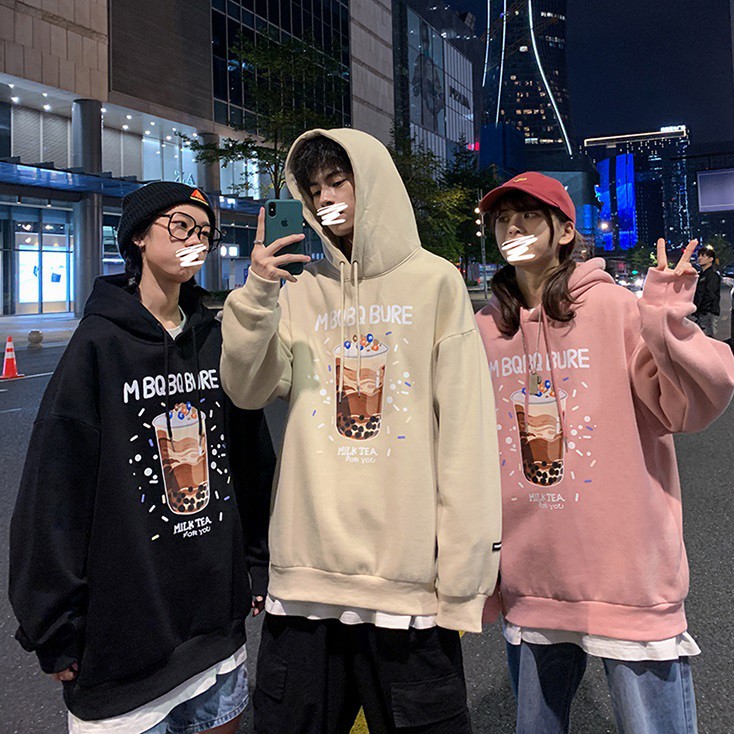 Áo khoác HOODIE MILK TEA, chui đầu form rộng tay phồng có nón Hàn Quốc nam nữ VIVU123STORE   HOD006