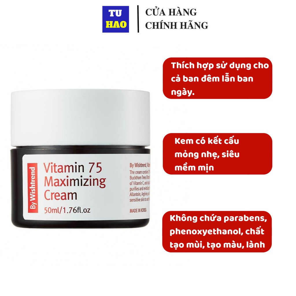 [Mã FMCGMALL - 8% đơn 250K] Kem Dưỡng Sáng Da, Chống Lão Hoá Giàu Vitamin By Wishtrend Vitamin 75 Maximizing Cream 50ml | BigBuy360 - bigbuy360.vn