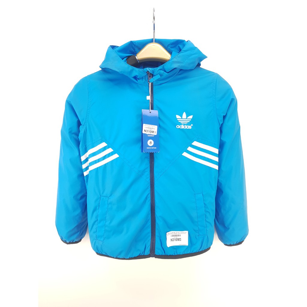 N310M3- Áo gió Bé Trai,Bé Gái. dài tay, in adidas,màu xanh trời, hiệu adisdas, sze 8-14, Made in Việt Nam