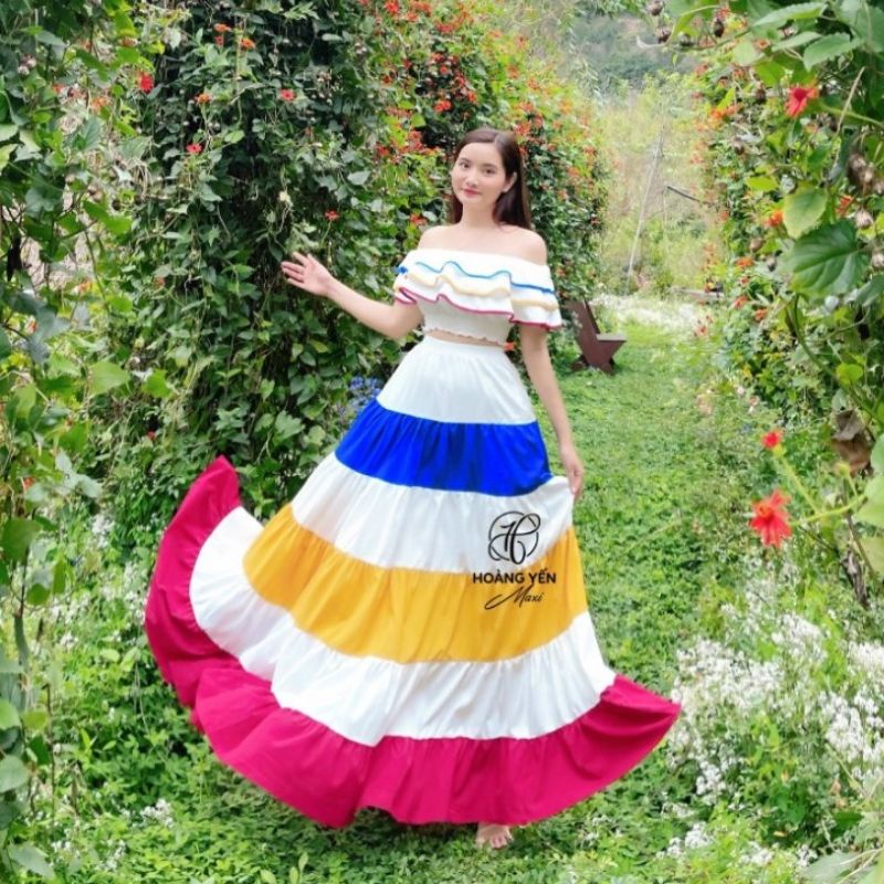HOANGYEN - Set đầm Rainbow 4 áo trễ vai phối bèo, chân váy xoè nối tầng