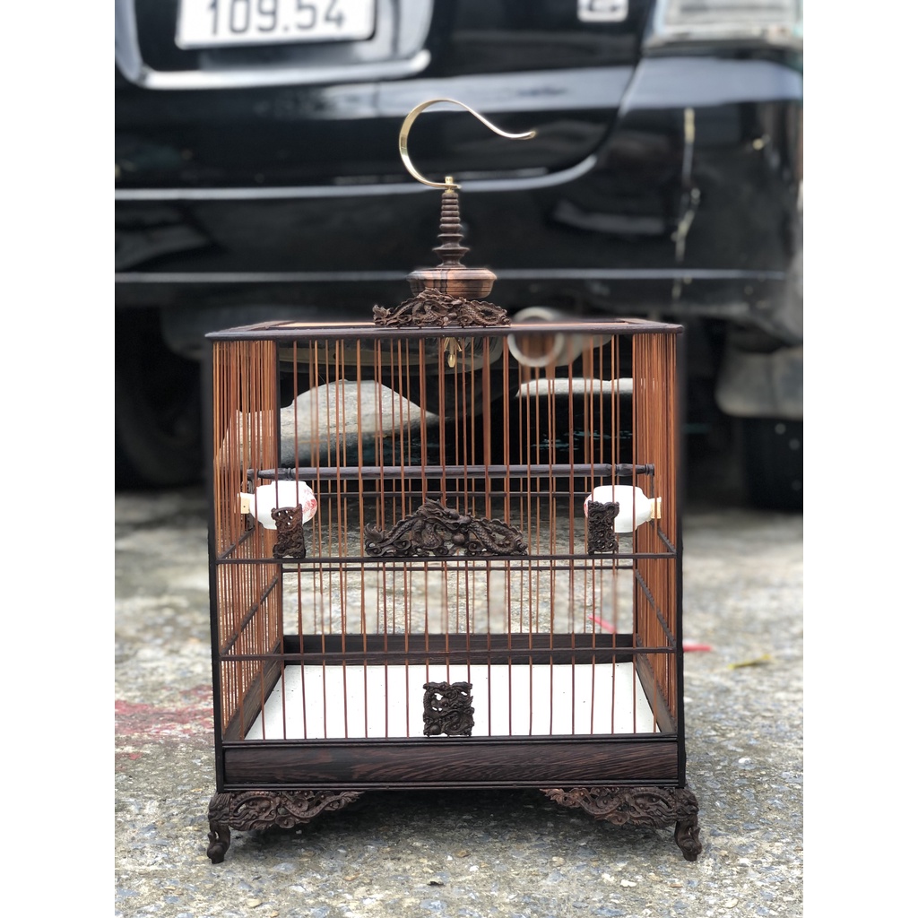 Lồng chim chào mào gỗ mun đuôi công vuông đấu trụ Vuông đục Rồng kèm đủ phụ kiện LC04 Lồng chim Kabosa