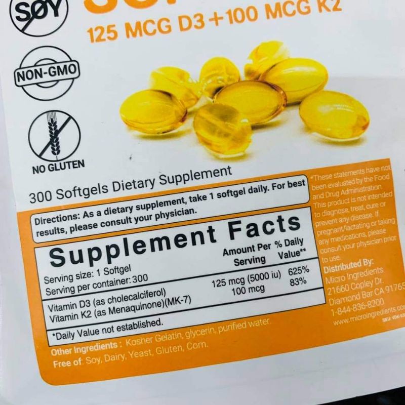MICRO INGREDIENTS VITAMIN D3-K2 TĂNG CƯỜNG SỨC KHỎE 300 VIÊN