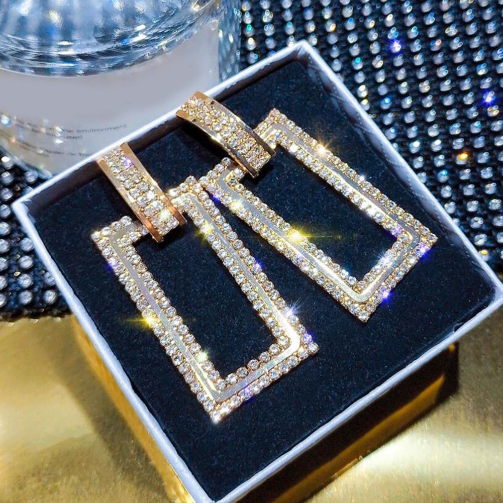 Đôi Bông Tai Dáng Dài Hình Chữ Nhật Đính Đá Lấp Lánh Cho Nữ