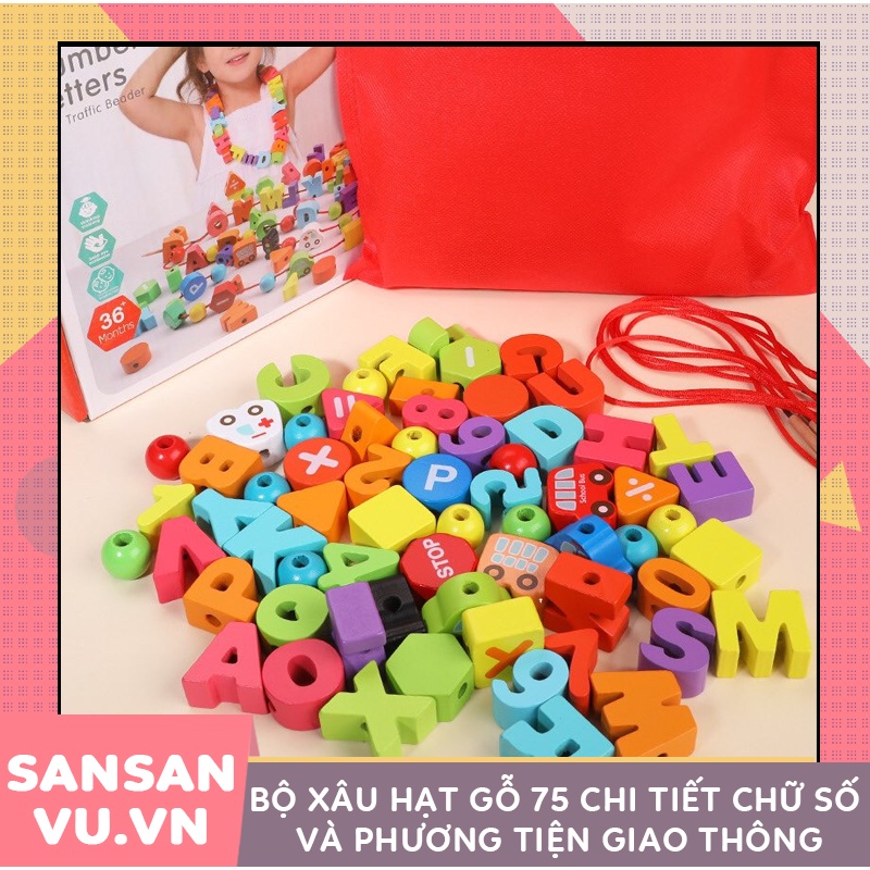 Bộ xâu hạt gỗ 75 tri tiết chữ số và phương tiện giao thông