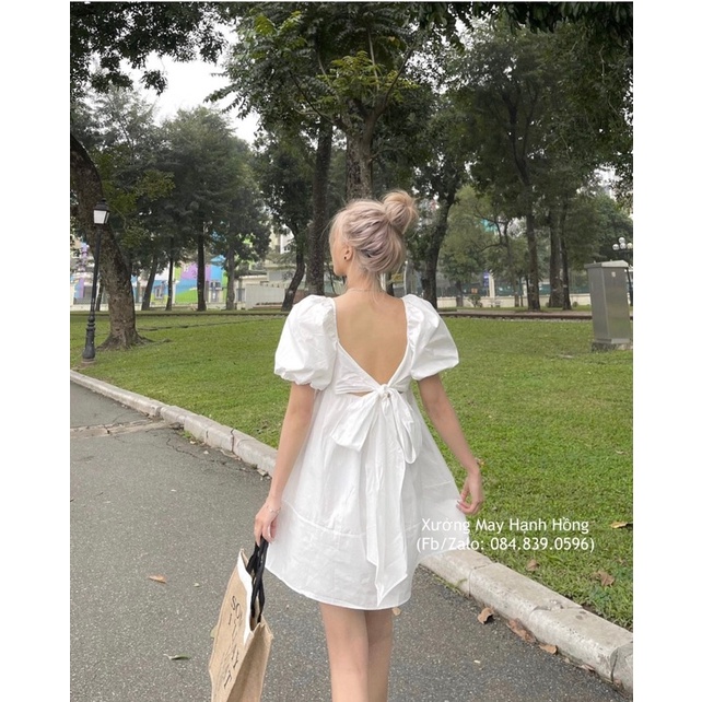 Váy babydoll cổ vuông thắt nơ lưng đi biển