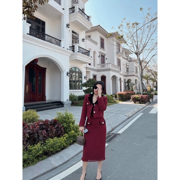 ( Ảnh thật ) A1226 Set dạ tweed áo viền nhung và chân váy bút chì | BigBuy360 - bigbuy360.vn