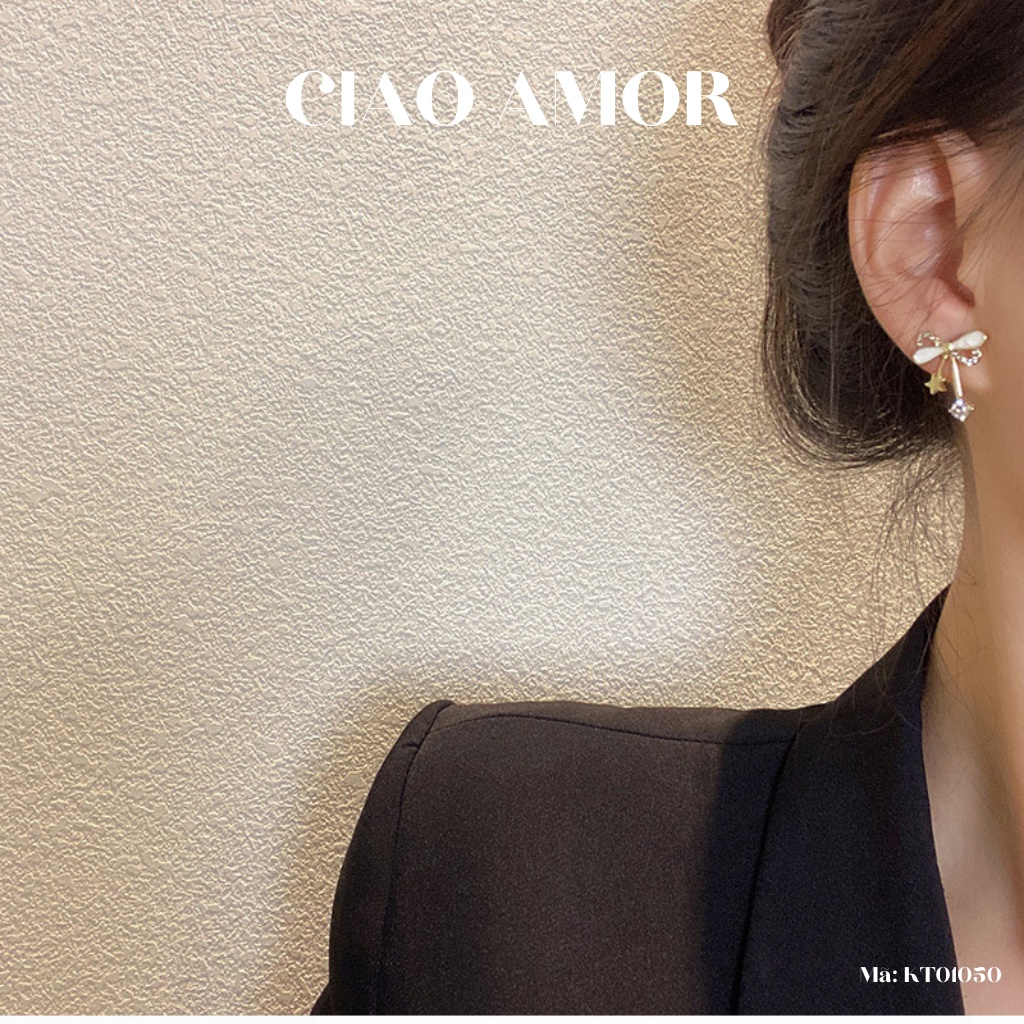 KT0149-Khuyên tai nữ, hoa tai ngắn nơ xà cừ dễ thương Trang sức Ciao Amor
