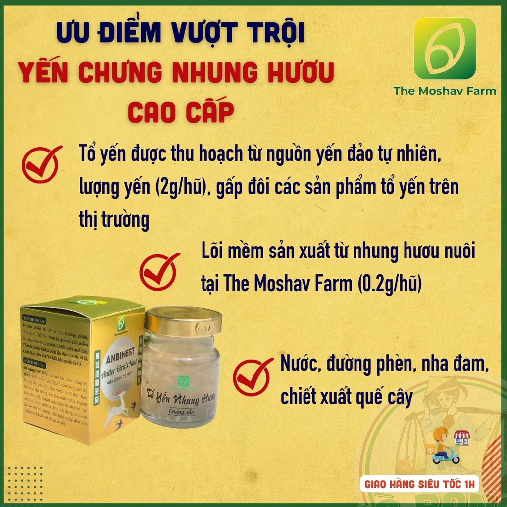 Tổ Yến Nhung Hươu The Moshav Farm, Yến Sào Khánh Hòa chưng đường phèn cao cấp Tăng đề kháng bồi bổ cơ thể hộp 70ml