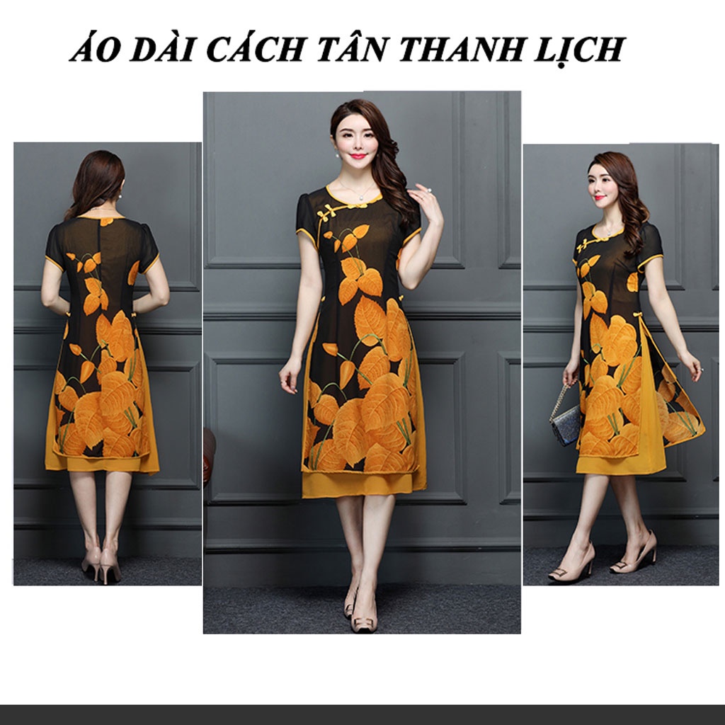 Set áo dài cách tân hoa lá 3D dáng dài đến đầu gối kiểu dáng thanh lịch sang trọng bảo đảm chất đẹp loại 1
