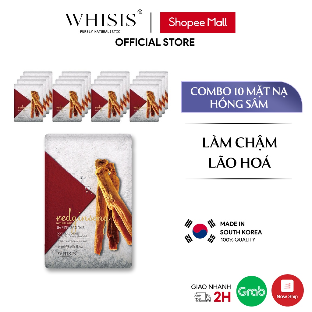 Combo 10 Mặt Nạ Hồng Sâm WHISIS Nature Origin Energy Red Ginseng Sheet Mask Làm Mát, Giảm Nám Tàn Nhan 25ml/miếng