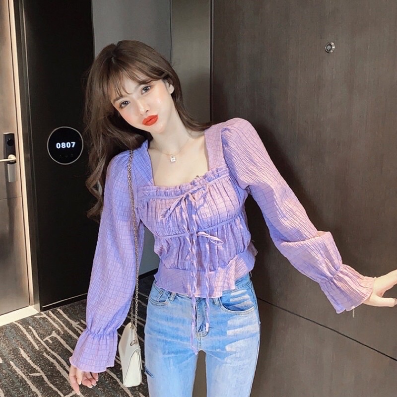 Áo kiểu taobao cổ vuông cột nơ bo tay màu tím hottrend