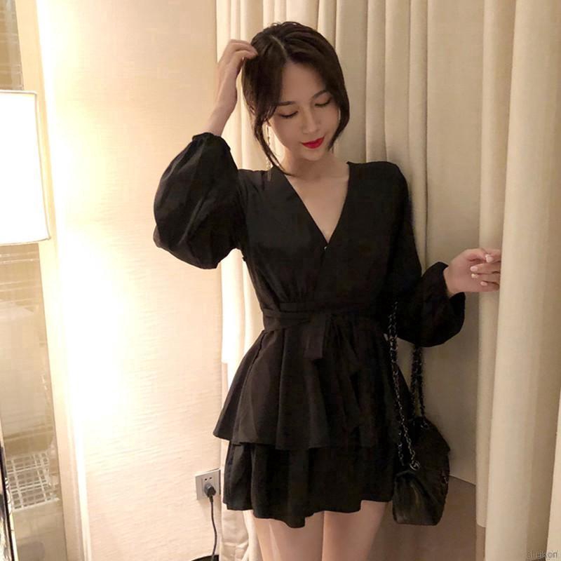 Đầm trơn màu eo cao tay dài thời trang thanh lịch