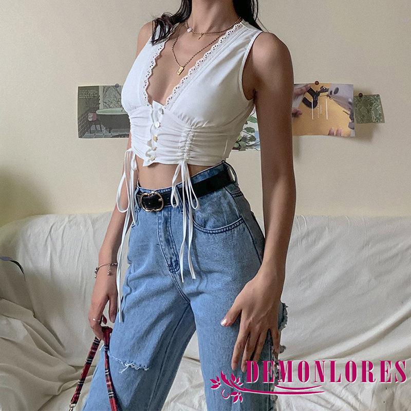 Áo crop top sát nách cổ V viền ren thiết kế dây rút thời trang cho nữ