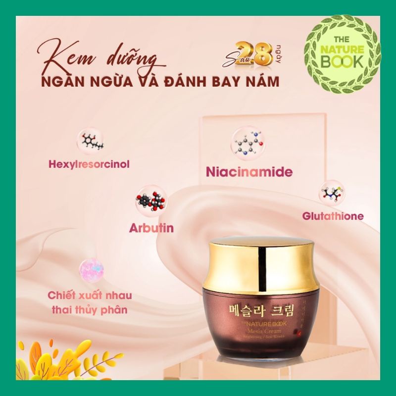 Kem dưỡng trắng da ngừa nám sạm tàn nhang chính hãng Hàn Quốc, The Nature Book Mesla Cream, kem nám Hàn Quốc