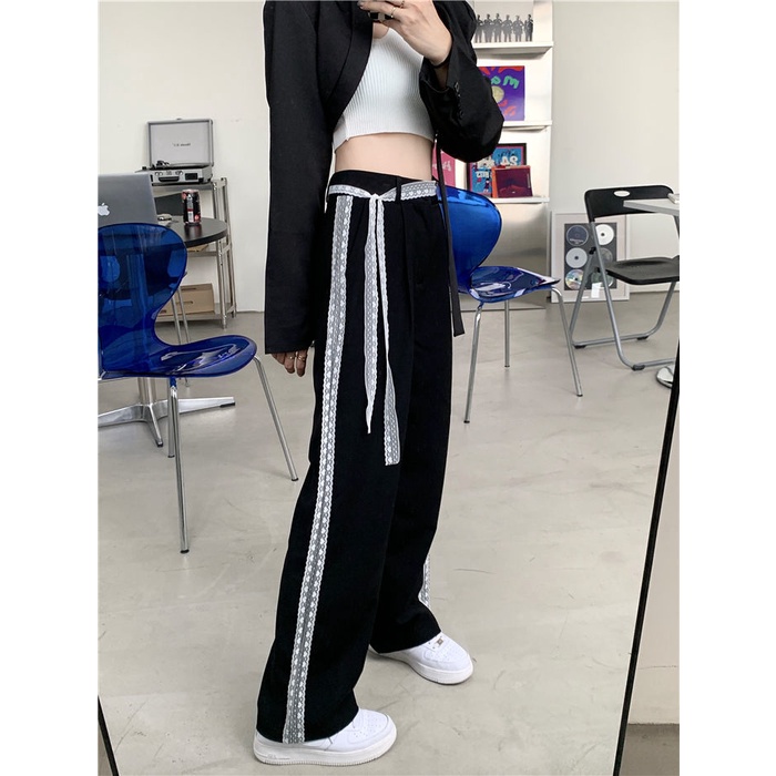 Quần dài lưng cao dáng rộng phối ren thiết kế trẻ trung cho nữ
