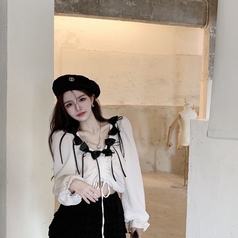 Áo Kiểu Dây Rút Xếp Ly Ôm Dáng Màu Sắc Tương Phản Họa Tiết Kẻ Sọc Phối Nơ Xinh Xắn Cho Nữ