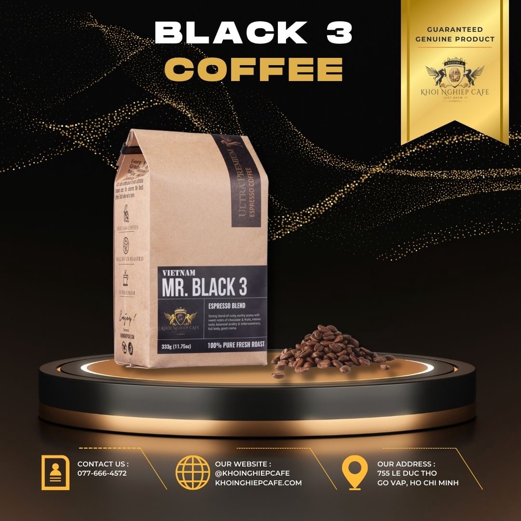 Cà phê Mr. Black 3 nguyên chất 100%, chuyên pha máy, làm từ cafe Daklak và Đà Lạt