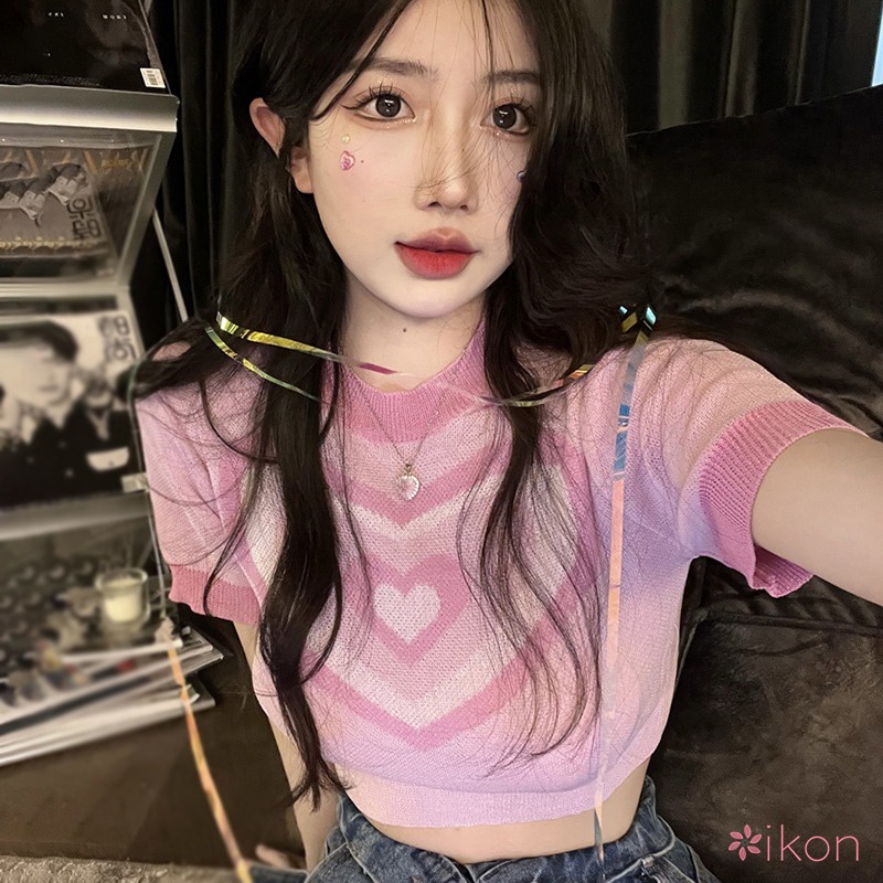 Áo Croptop Vải Lụa Lạnh Tay Ngắn Dáng Ôm Thoáng Khí In Hình Trái Tim Kiểu Retro Cho Nữ