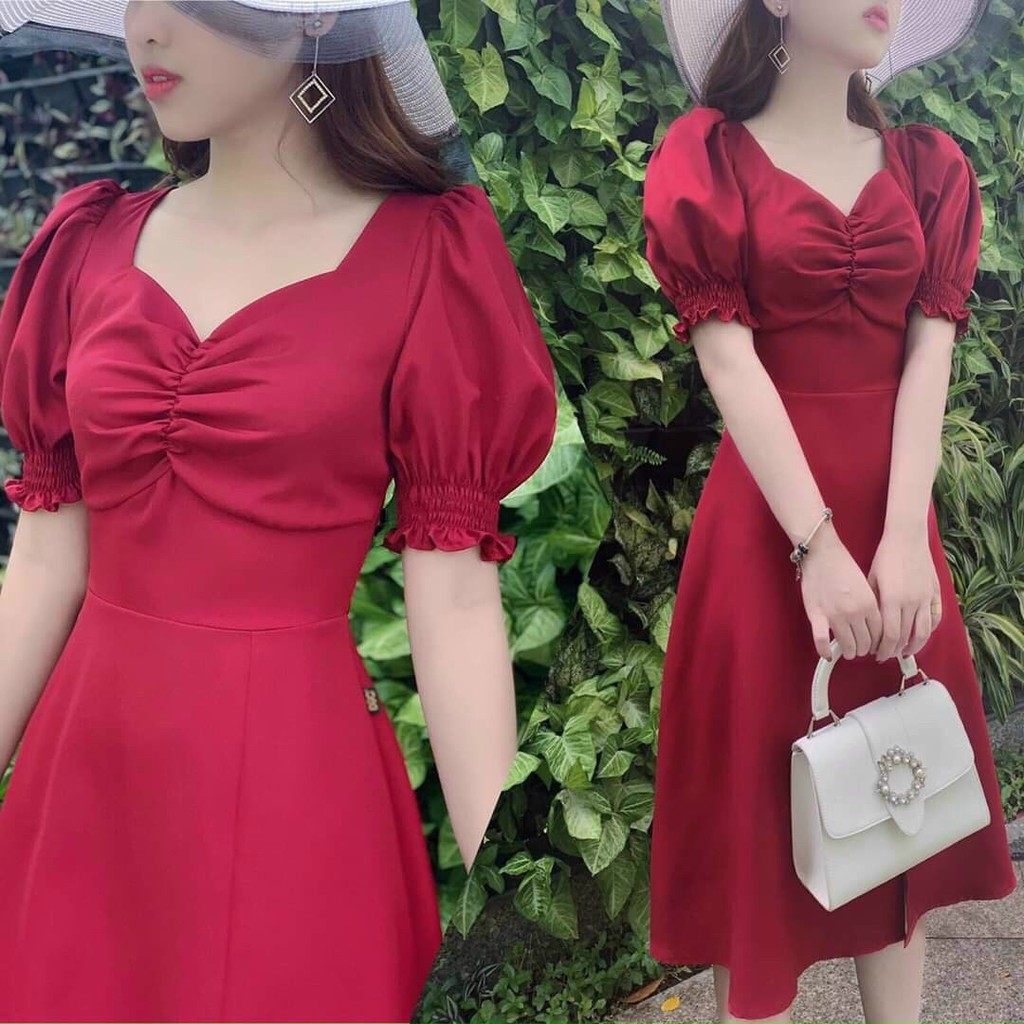 Đầm Tay Bồng Chẻ Tà Cao Cấp Cổ tim Nhúm Ngực