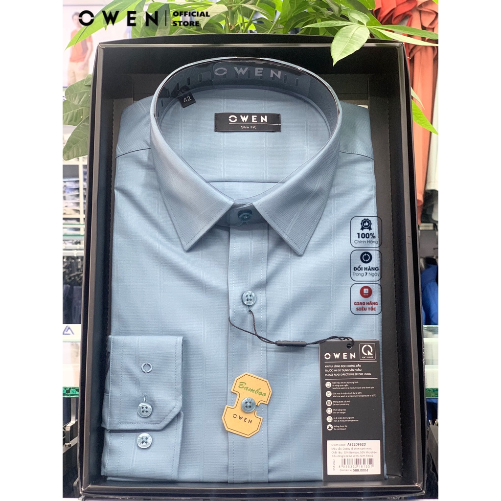 OWEN - Áo sơ mi dài tay Dobby kẻ chìm xanh mint Bamboo Slimfit 2022 - AS220952D