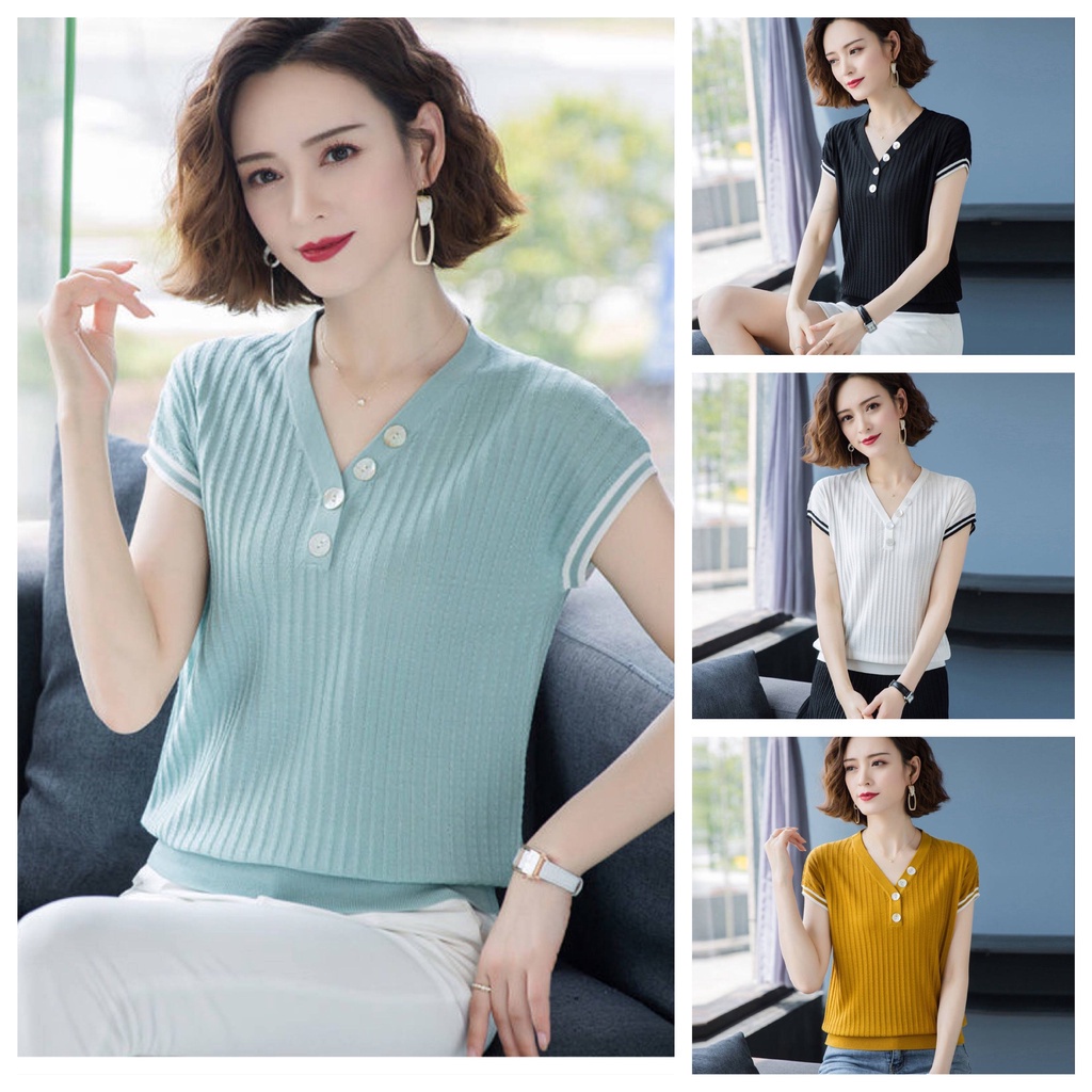 Áo Thun Dệt Kim Tay Ngắn Dáng Rộng Phối Nút Màu Sắc Trẻ Trung Cho Nữ Trung Niên