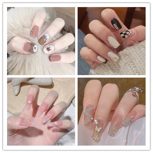 Bộ 24 Miếng Dán Móng Tay Hình Nơ Đính Đá Hồng Thời Trang Chống Thấm Nước Có Thể Tháo Rời Kèm Keo Dán